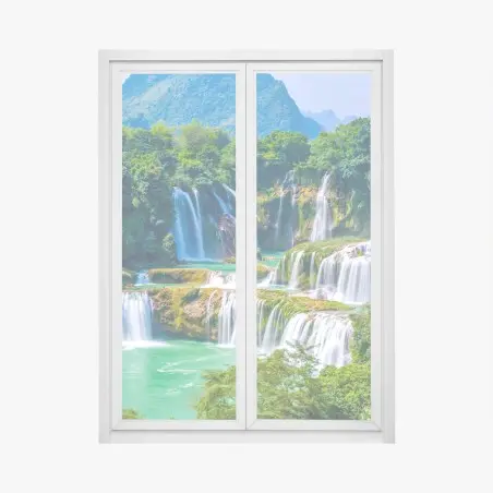 Adesivo per finestra cascata verde smeraldo tra le montagne • Wallissimo®