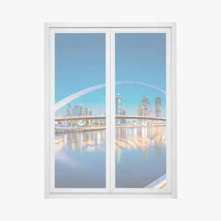 Adesivo per finestra tramonto a Dubai: arco moderno e riflessi sul canale • Wallissimo®