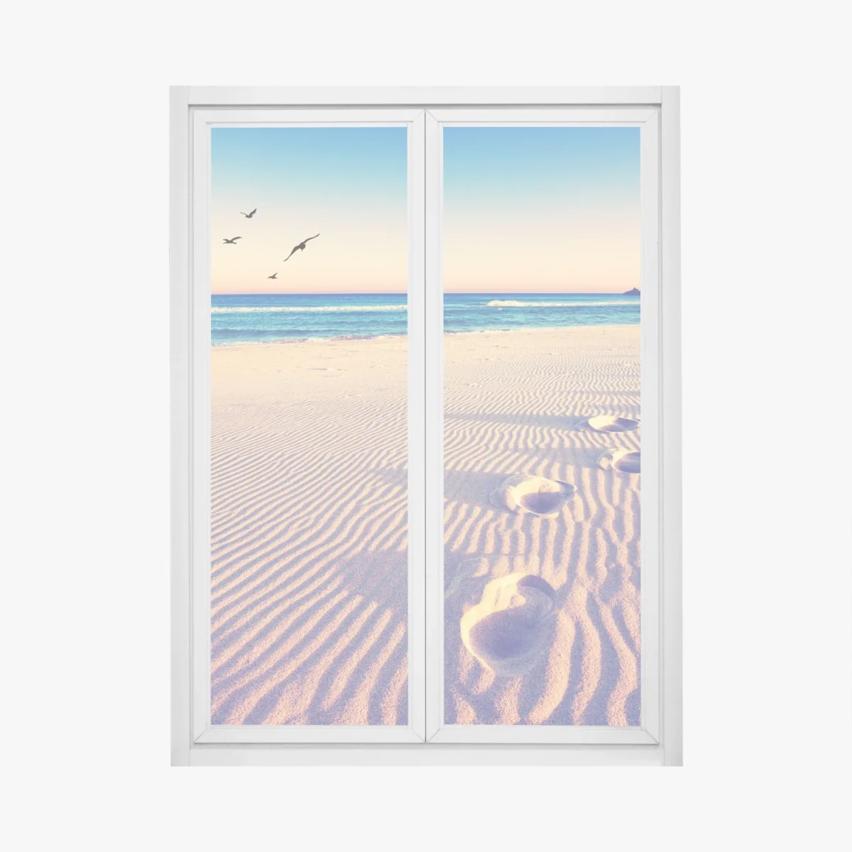 Adesivo per finestra impronte magiche sulla spiaggia al tramonto • Wallissimo® Adesivo per finestra impronte magiche sulla spiaggia al tramonto • Wallissimo®