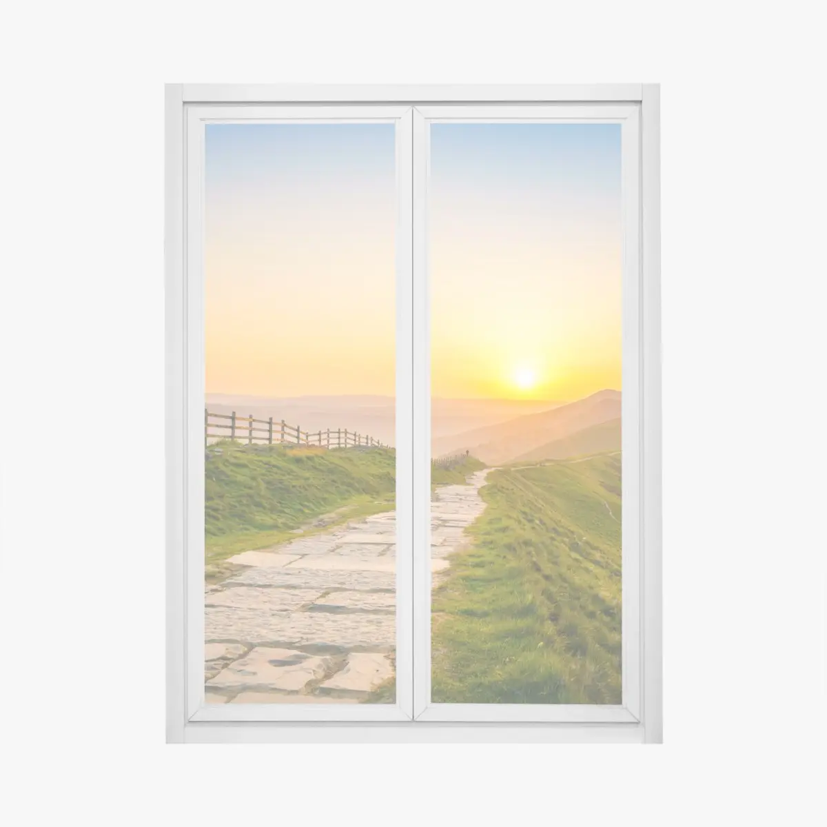 Adesivo per finestra sentiero dorato tra le colline al tramonto • Wallissimo®