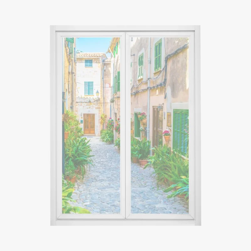 Adesivo per finestra vicolo fiorito in pietra