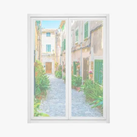 Adesivo per finestra vicolo fiorito in pietra • Wallissimo®