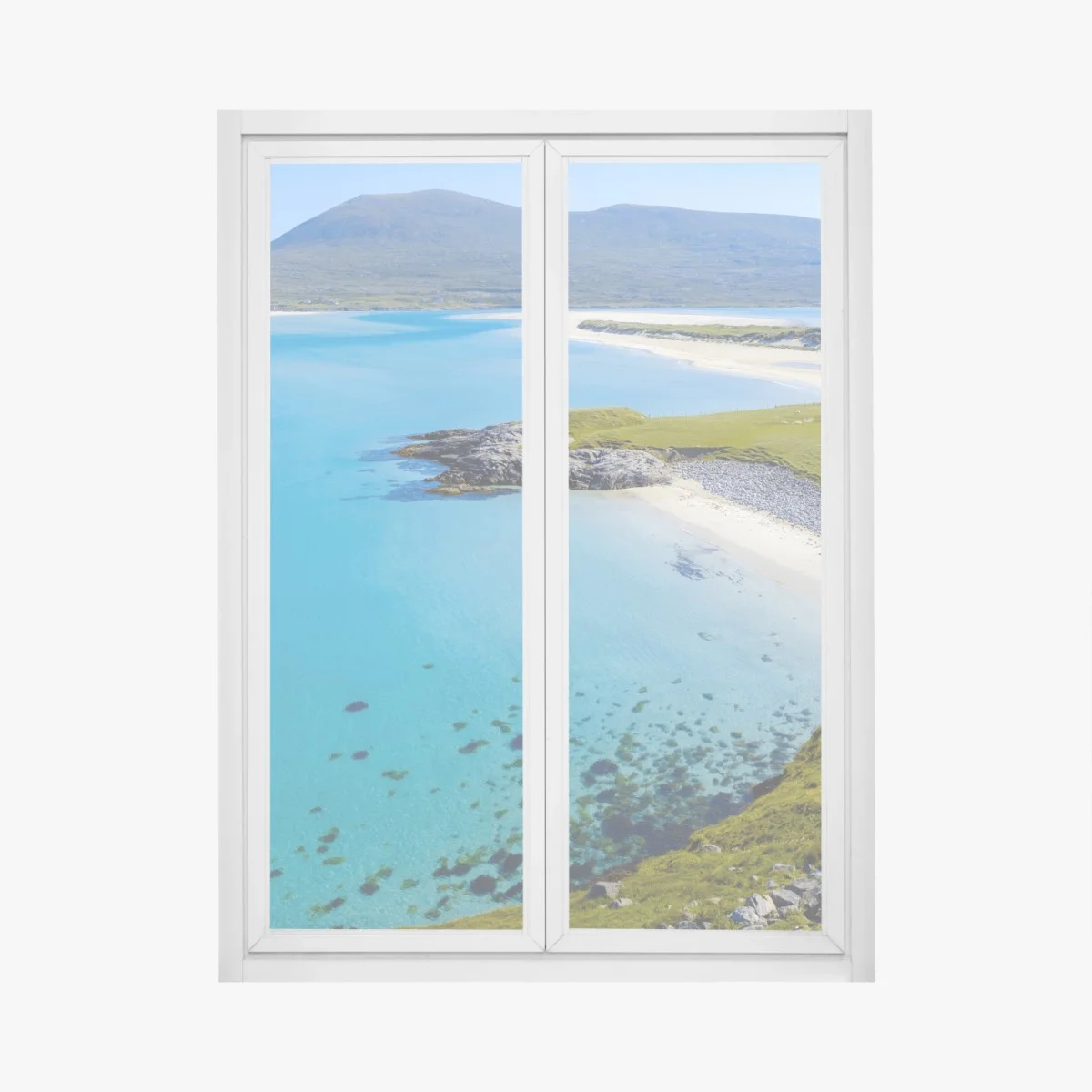 Adesivo per finestra spiaggia turchese e colline verdi • Wallissimo® Adesivo per finestra spiaggia turchese e colline verdi • Wallissimo®