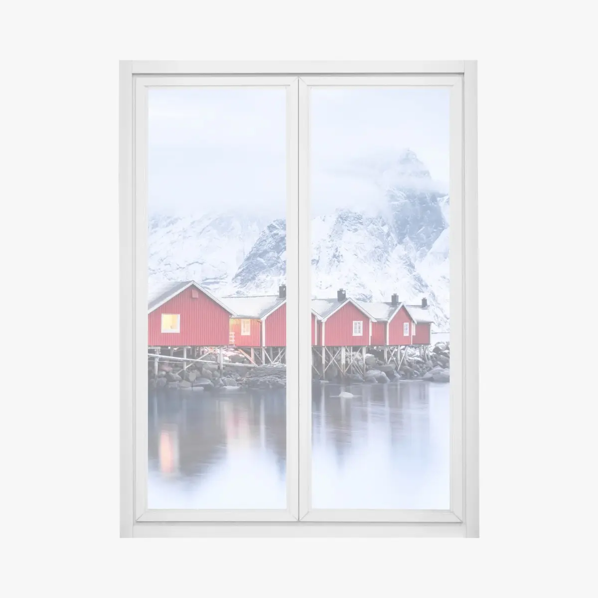 Adesivo per finestra case rosse sul fiordo di Lofoten • Wallissimo®