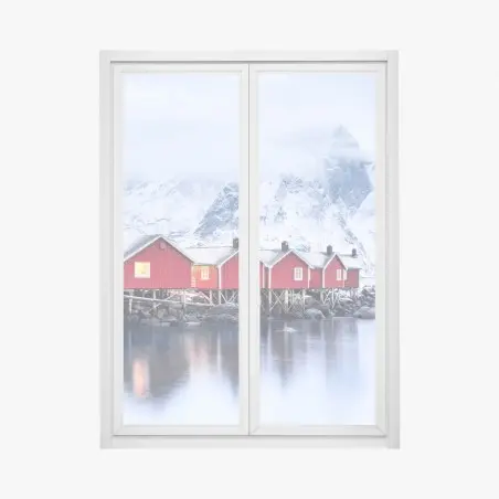 Adesivo per finestra case rosse sul fiordo di Lofoten • Wallissimo®