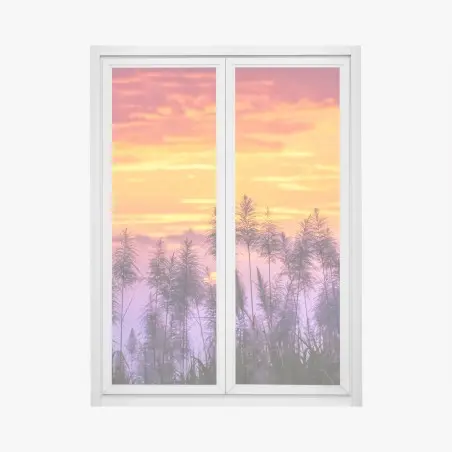 Adesivo per finestra tramonto dorato tra le canne • Wallissimo®