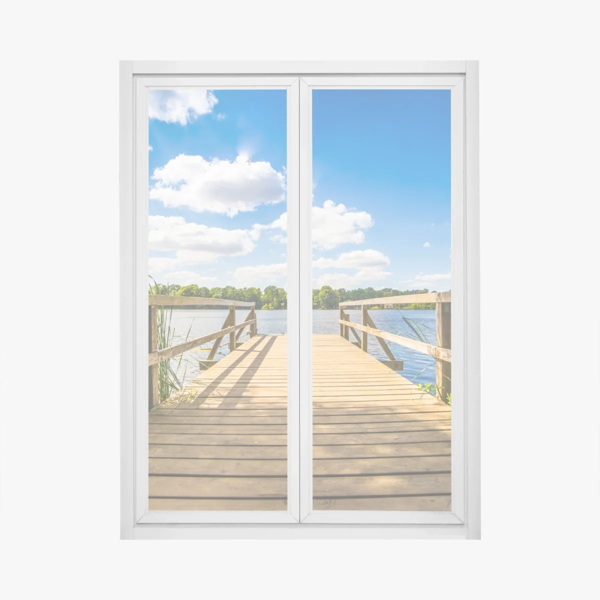 Adesivo per finestra pontile verso il lago in una giornata di sole • Wallissimo® Adesivo per finestra pontile verso il lago in una giornata di sole • Wallissimo®