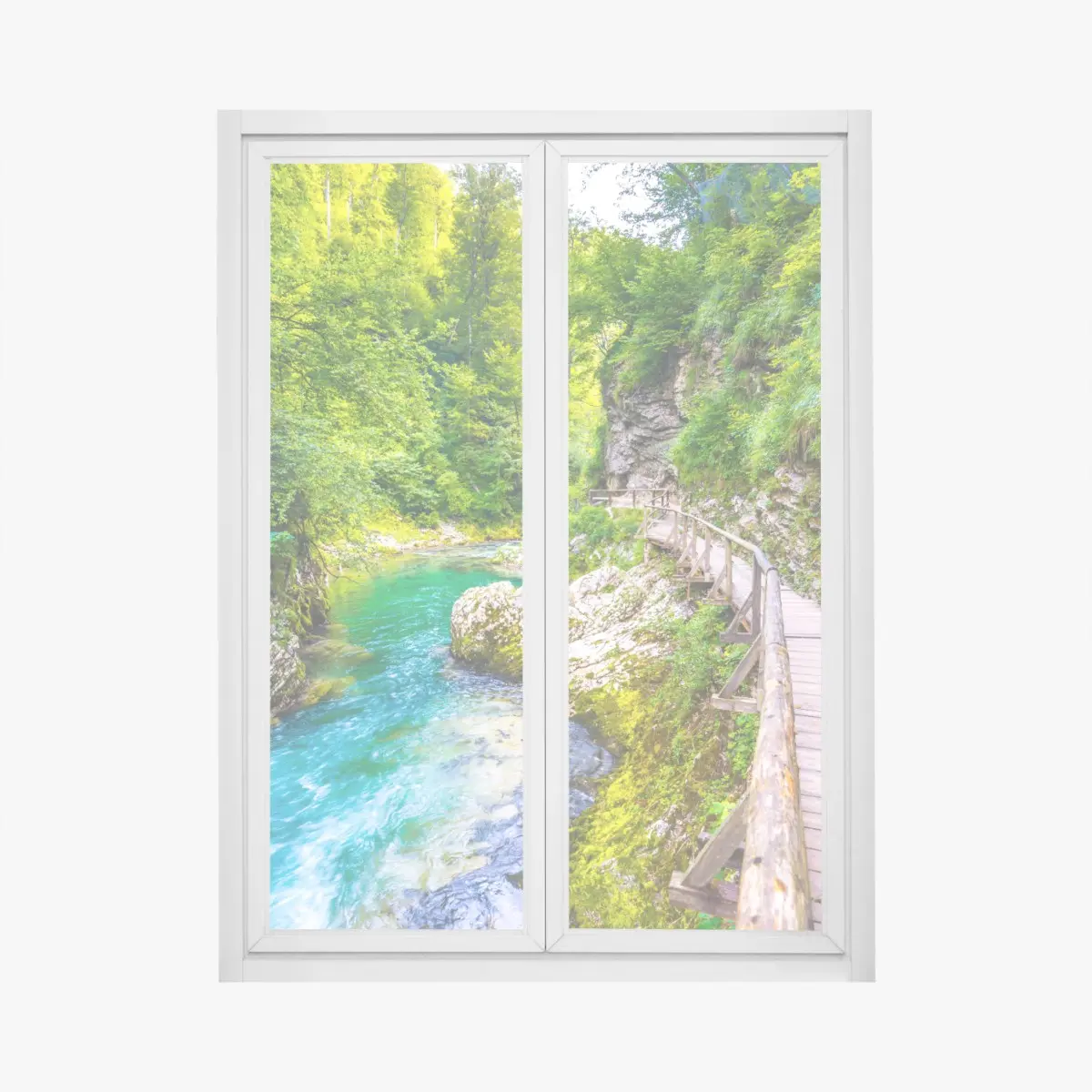 Adesivo per finestra passerella sul fiume turchese tra le rocce • Wallissimo®