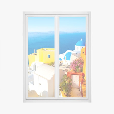 Adesivo per finestra scorcio di Santorini: case colorate sulla scogliera • Wallissimo®