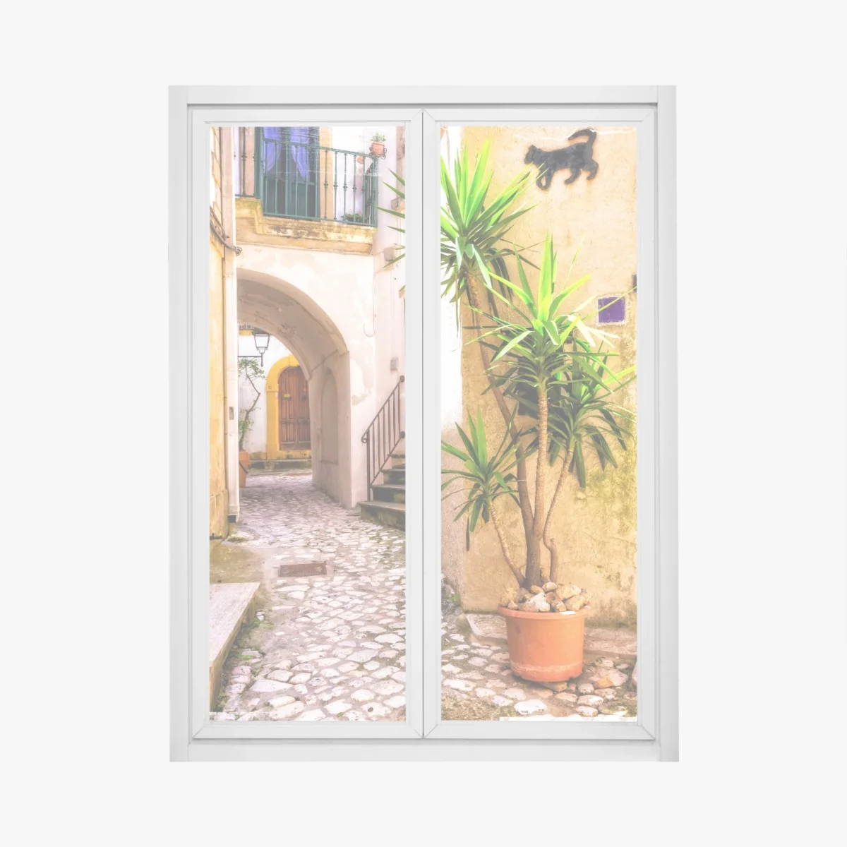 Adesivo per finestra angolo pittoresco nel vicolo soleggiato • Wallissimo® Adesivo per finestra angolo pittoresco nel vicolo soleggiato • Wallissimo®