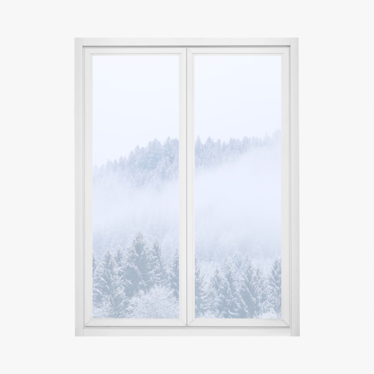 Adesivo per finestra nebbia sulla foresta di conifere innevata • Wallissimo®