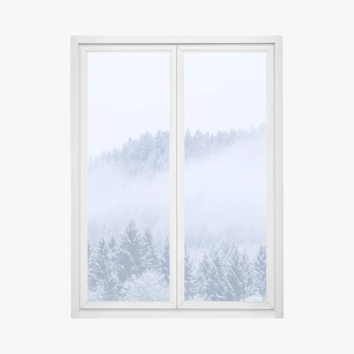 Adesivo per finestra nebbia sulla foresta di conifere innevata • Wallissimo® Adesivo per finestra nebbia sulla foresta di conifere innevata • Wallissimo®