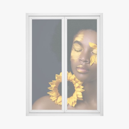 Adesivo per finestra ritratto solare: bellezza afro con girasole • Wallissimo®