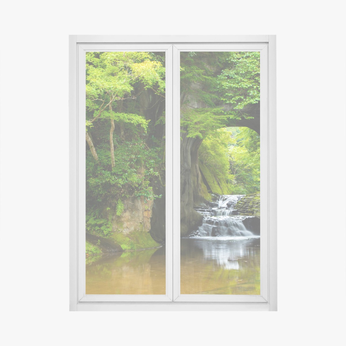 Adesivo per finestra arco naturale con cascata nella foresta • Wallissimo®