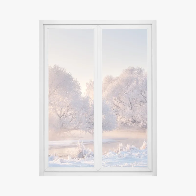 Adesivo per finestra alba rosa sul paesaggio innevato