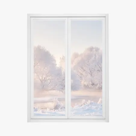 Adesivo per finestra alba rosa sul paesaggio innevato • Wallissimo®
