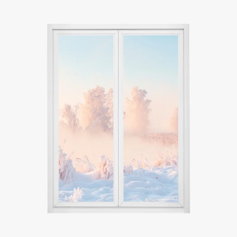 Adesivo per finestra alba rosa su paesaggio innevato