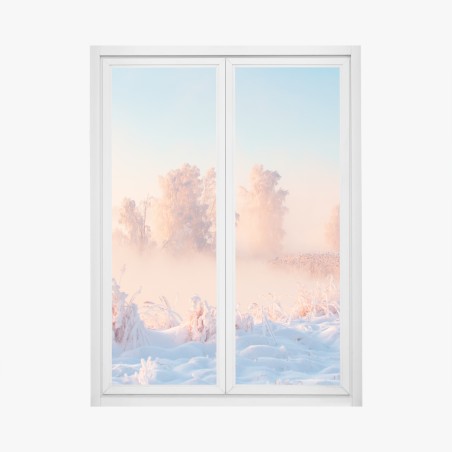 Adesivo per finestra alba rosa su paesaggio innevato • Wallissimo®