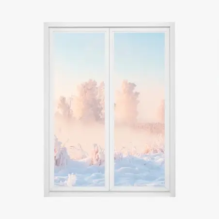 Adesivo per finestra alba rosa su paesaggio innevato • Wallissimo®