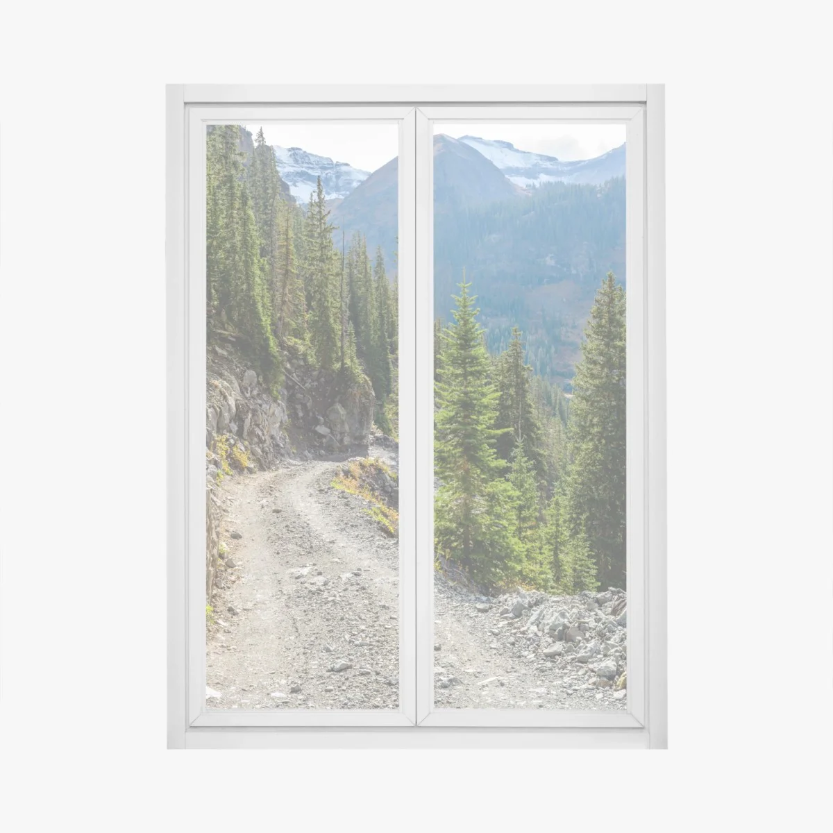 Adesivo per finestra sentiero di montagna tra conifere e rocce • Wallissimo® Adesivo per finestra sentiero di montagna tra conifere e rocce • Wallissimo®