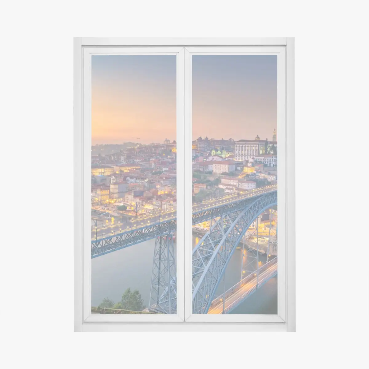 Adesivo per finestra tramonto su Porto: veduta panoramica del ponte e del fiume • Wallissimo®