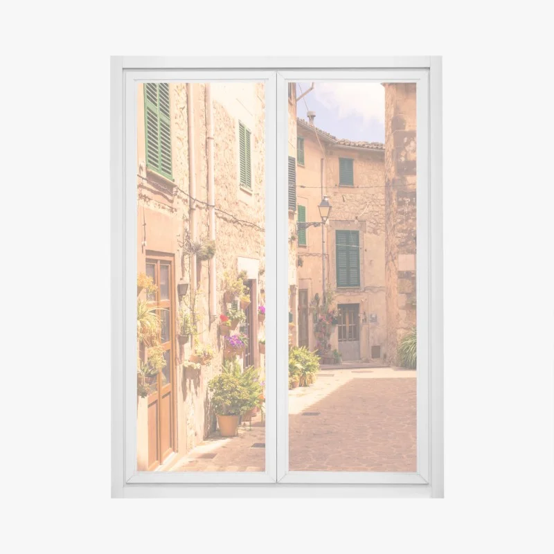 Adesivo per finestra scorcio di borgo fiorito • Wallissimo® Adesivo per finestra scorcio di borgo fiorito • Wallissimo®
