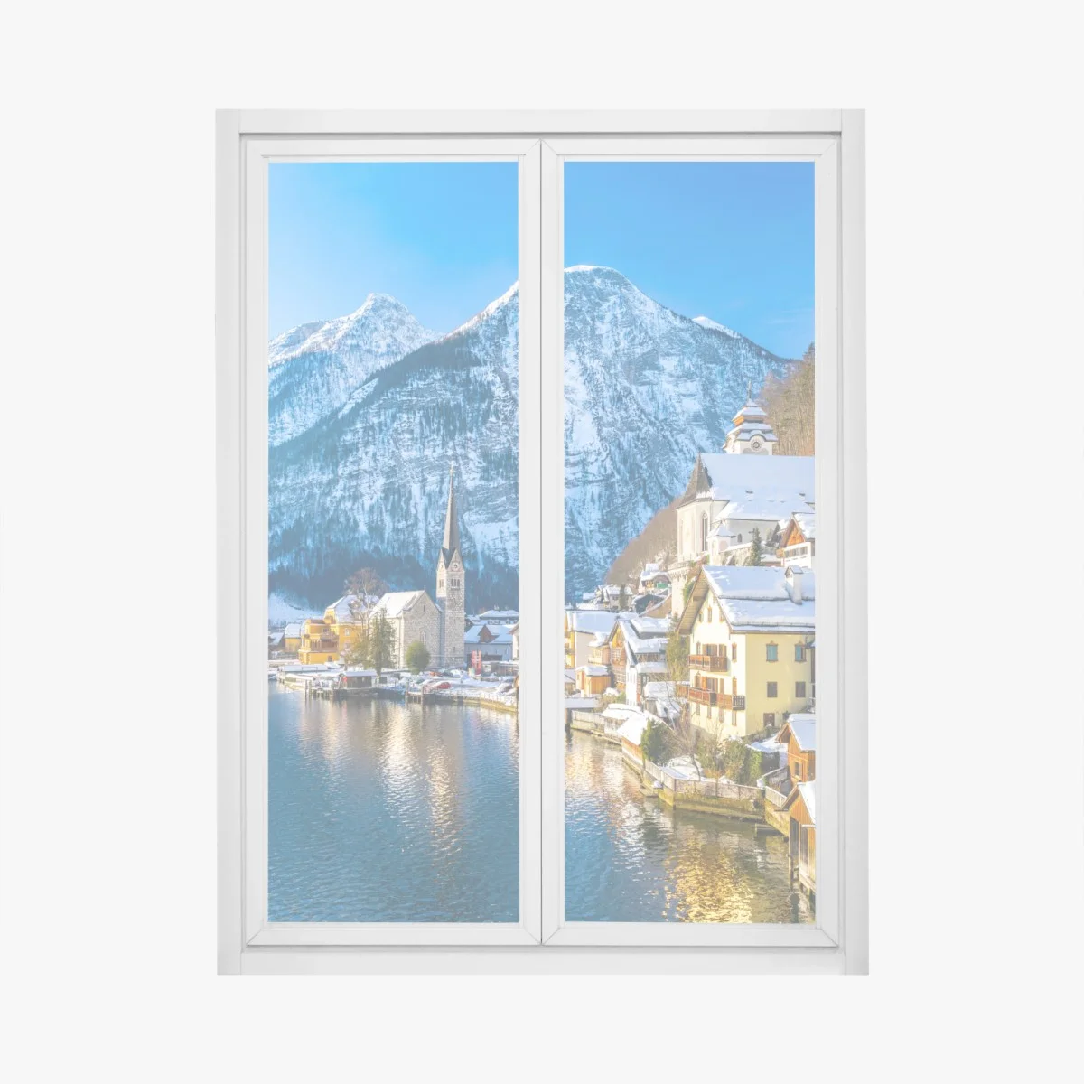 Adesivo per finestra villaggio alpino sul lago innevato • Wallissimo® Adesivo per finestra villaggio alpino sul lago innevato • Wallissimo®
