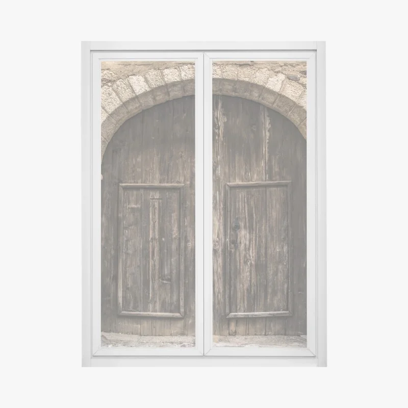 Adesivo per finestra porta antica in legno su muro di pietra
