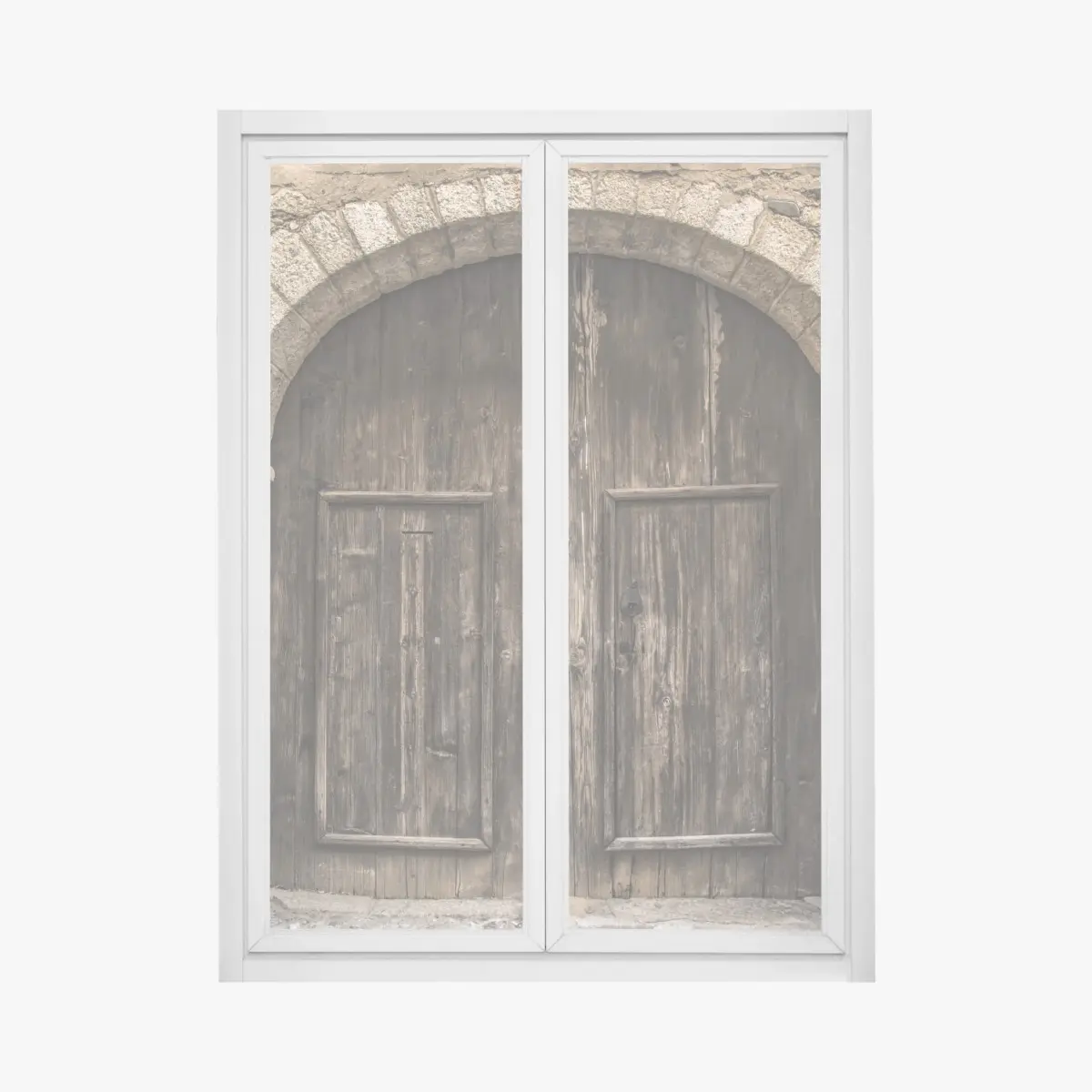 Adesivo per finestra porta antica in legno su muro di pietra • Wallissimo®