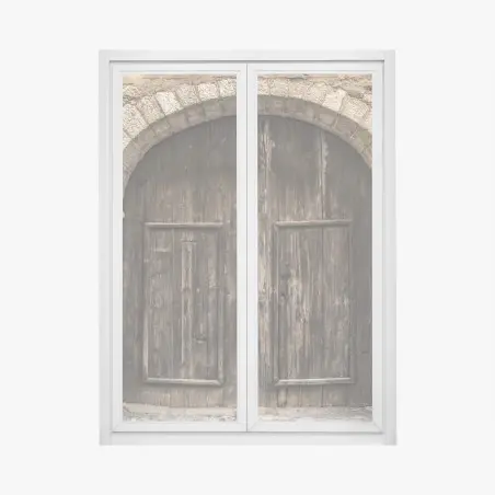 Adesivo per finestra porta antica in legno su muro di pietra • Wallissimo®