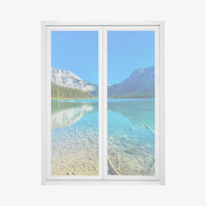 Adesivo per finestra lago alpino cristallino con montagne e riflessi
