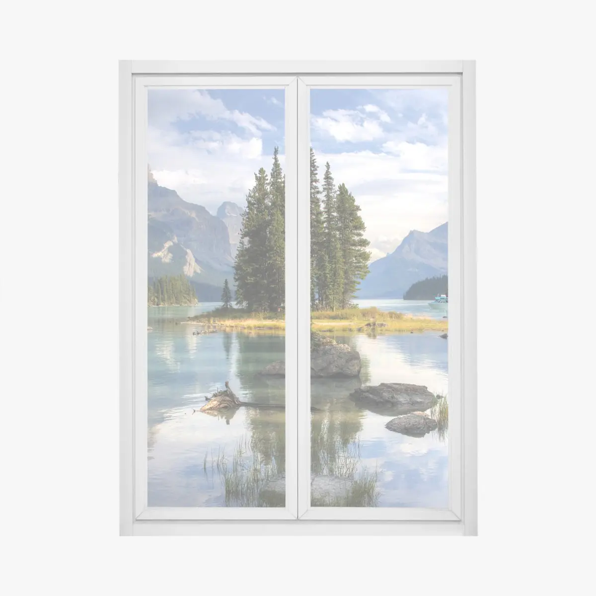 Adesivo per finestra isola di pini su lago alpino al tramonto • Wallissimo®