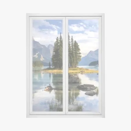 Adesivo per finestra isola di pini su lago alpino al tramonto • Wallissimo®