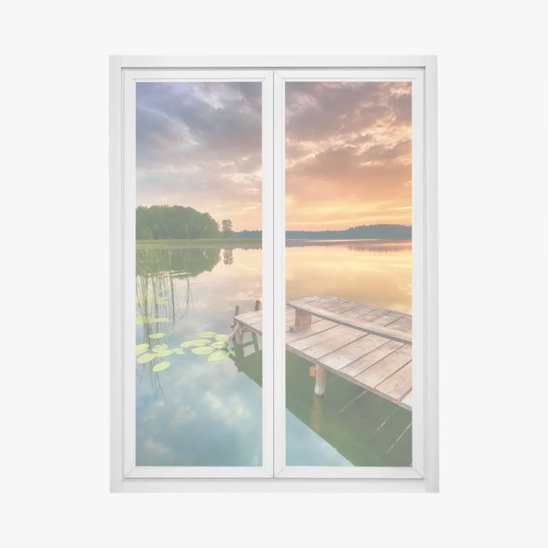 Adesivo per finestra molo all'alba sul lago dorato
