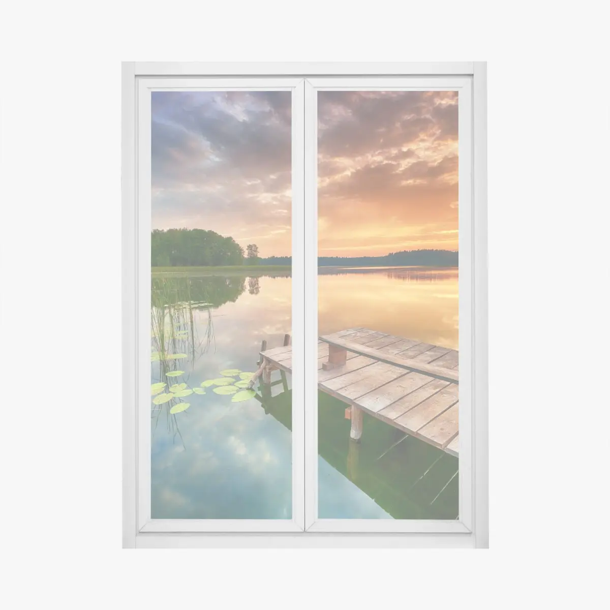 Adesivo per finestra molo all'alba sul lago dorato • Wallissimo®