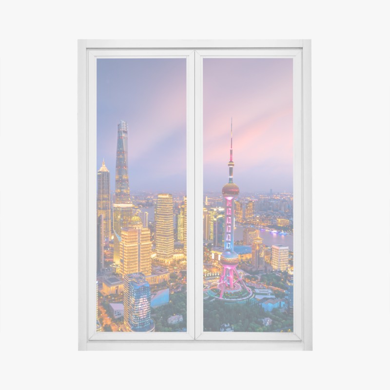 Adesivo per finestra tramonto vibrante sulla skyline di Shanghai