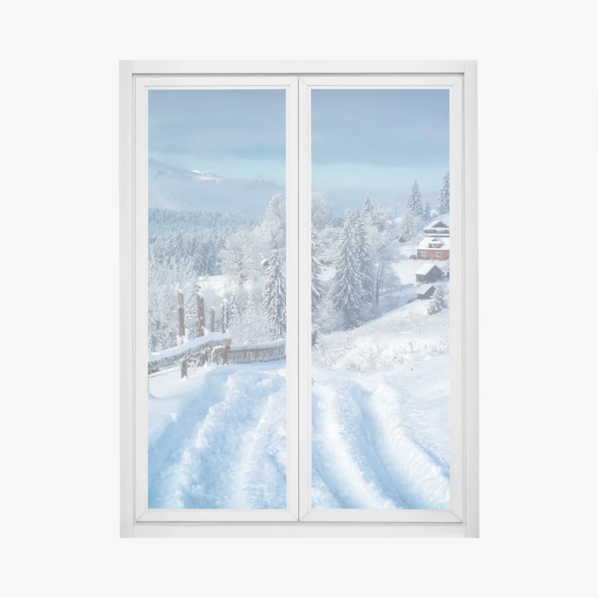 Adesivo per finestra sentiero innevato verso il villaggio alpino • Wallissimo® Adesivo per finestra sentiero innevato verso il villaggio alpino • Wallissimo®