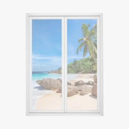 Adesivo per finestra oasi tropicale con palme e rocce sulla spiaggia • Wallissimo®