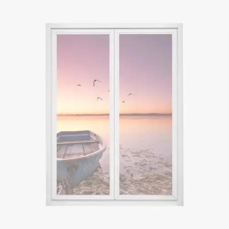 Adesivo per finestra tramonto sul lago con barca solitaria • Wallissimo®