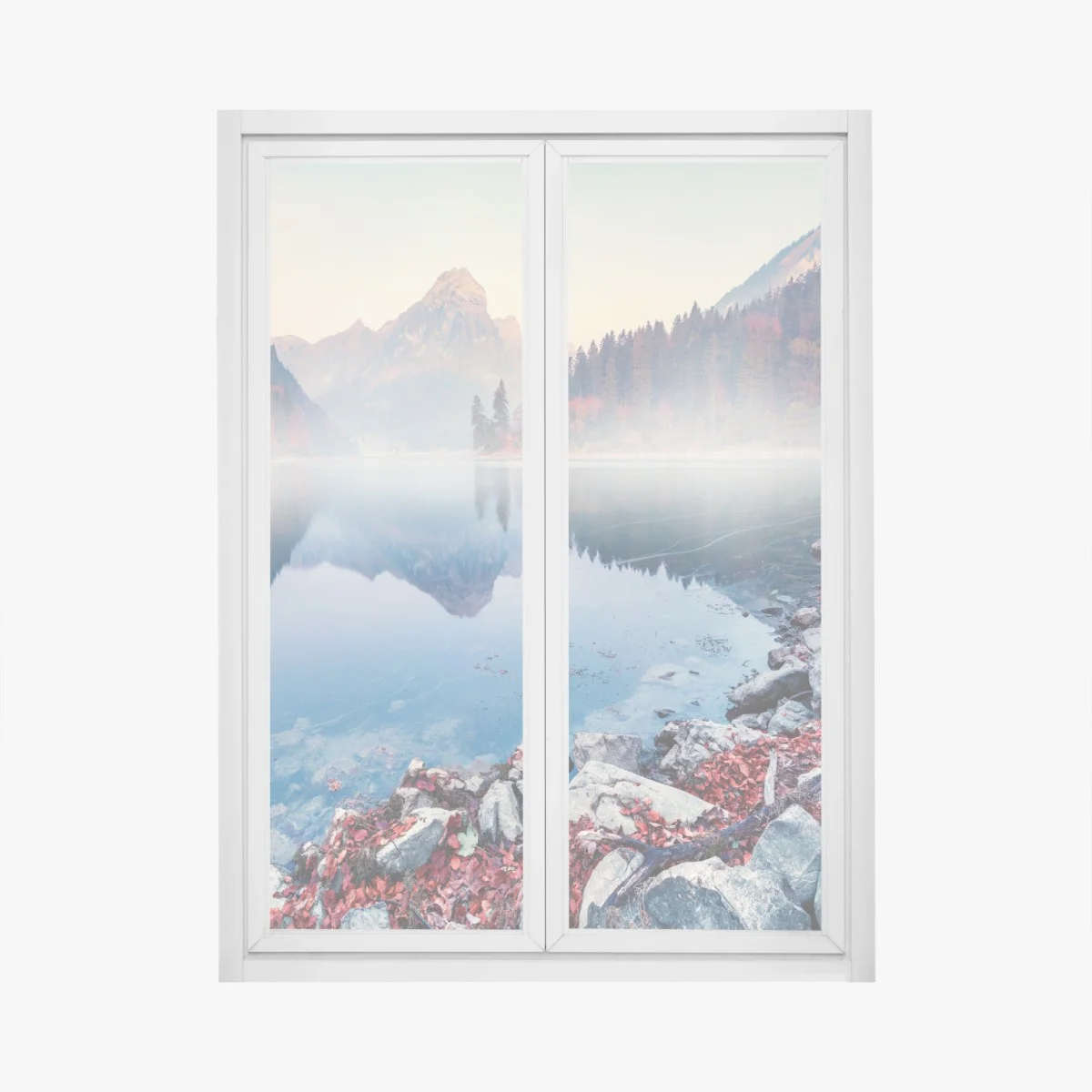 Adesivo per finestra alba nebbiosa sul lago Obersee • Wallissimo® Adesivo per finestra alba nebbiosa sul lago Obersee • Wallissimo®