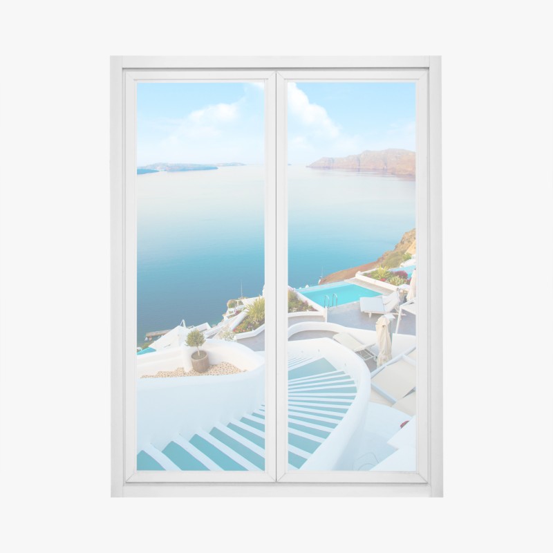 Adesivo per finestra vista panoramica di Santorini con caldera e scalinate