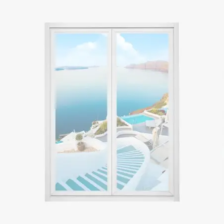 Adesivo per finestra vista panoramica di Santorini con caldera e scalinate • Wallissimo®