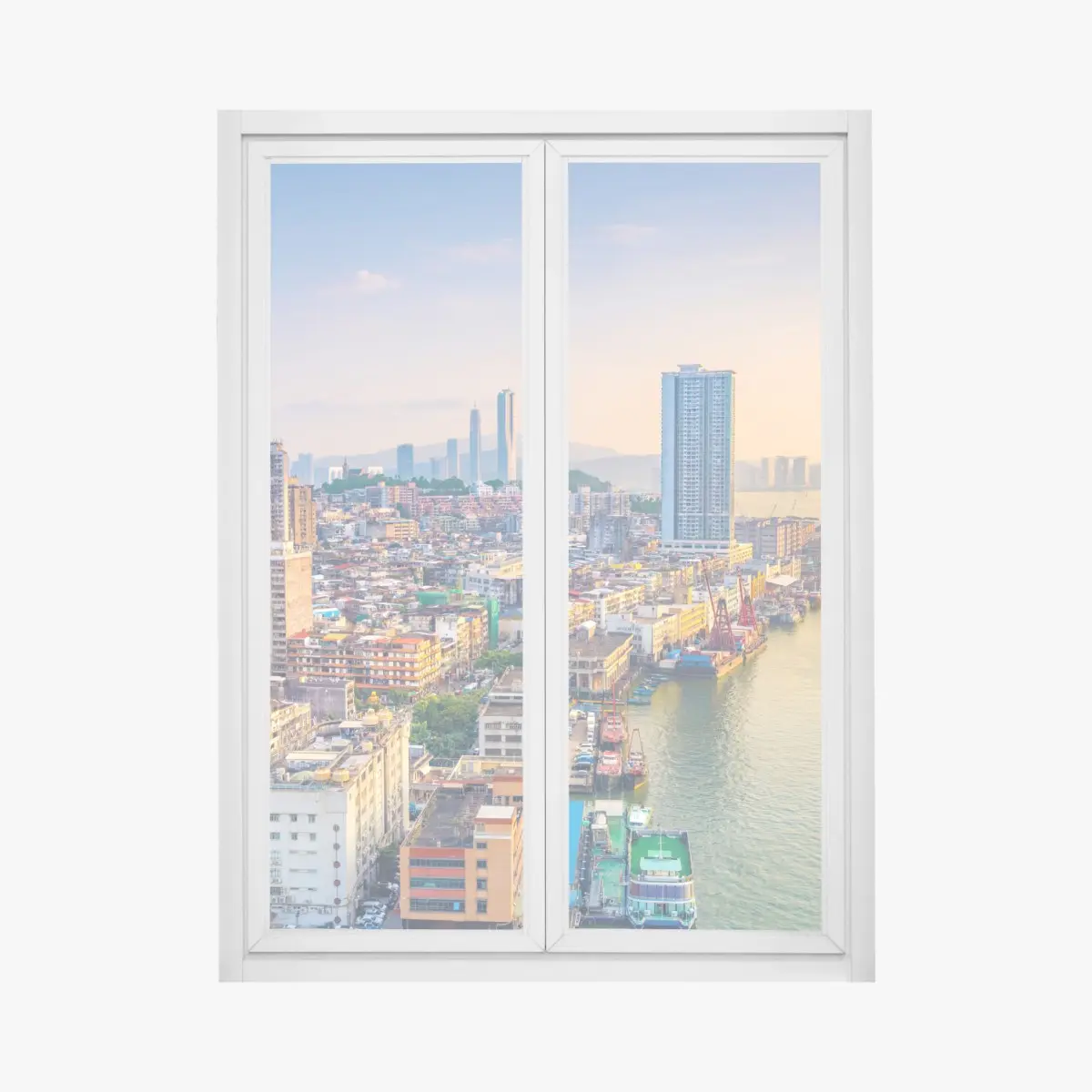 Adesivo per finestra panorama urbano al tramonto di Macau • Wallissimo®