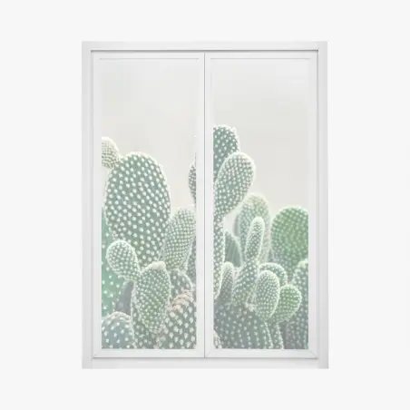 Adesivo per finestra texture di opuntia: stampa botanica verde • Wallissimo®