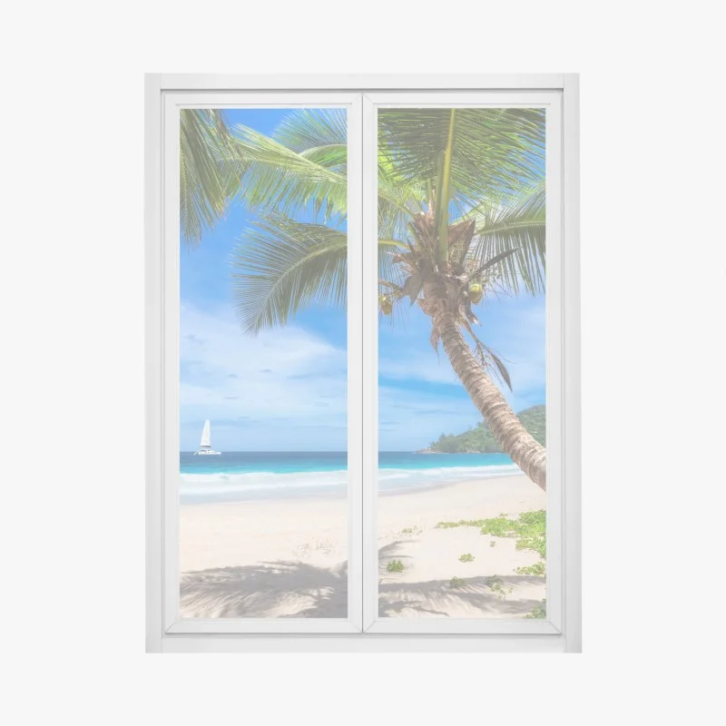 Adesivo per finestra spiaggia tropicale con palma inclinata e vela sull'orizzonte