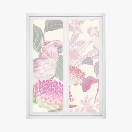 Adesivo per finestra cacatua rosa su motivo botanico elegante • Wallissimo®