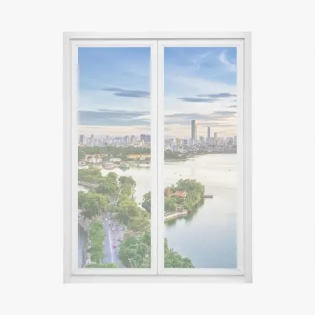 Adesivo per finestra tramonto sul lago con skyline cittadino • Wallissimo®