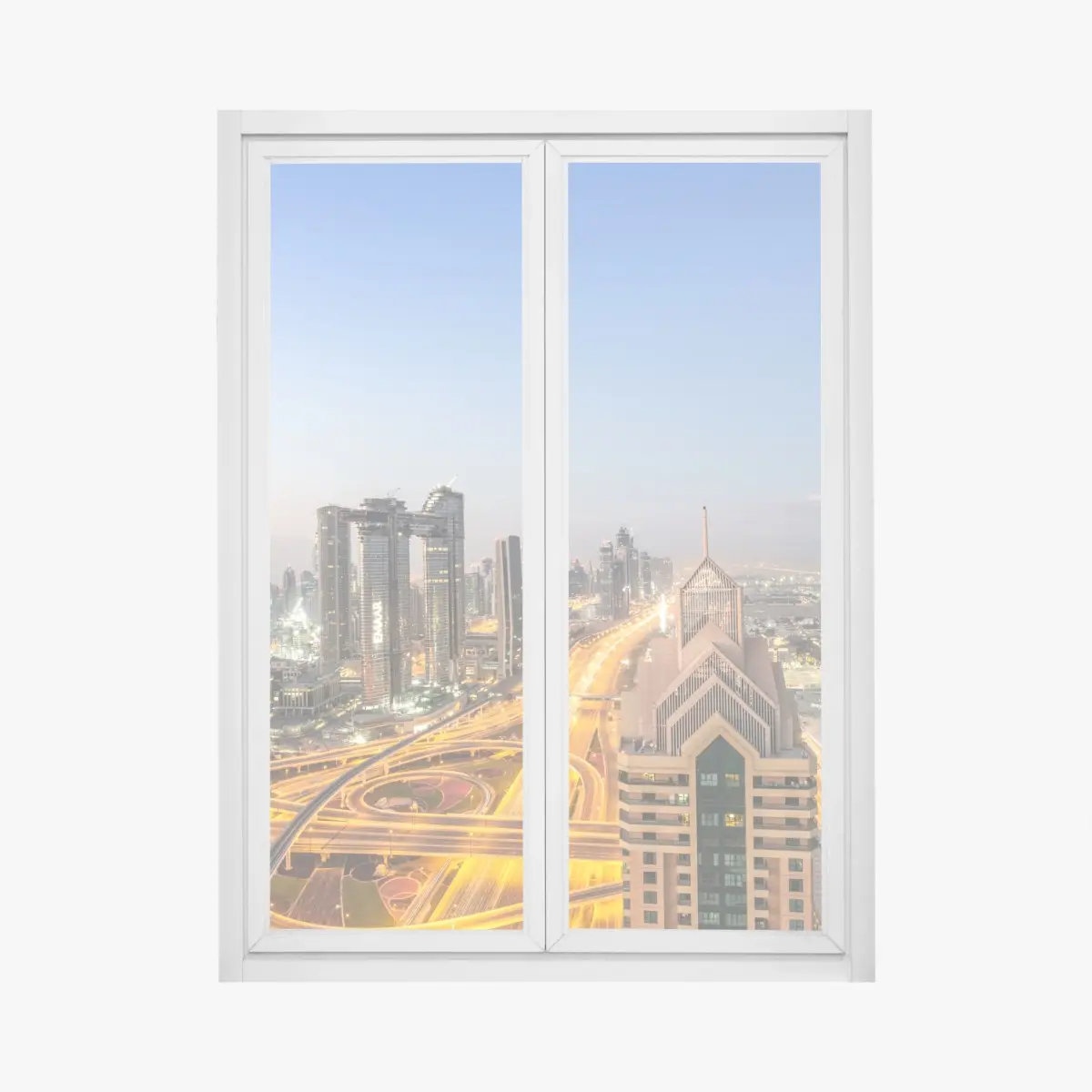 Adesivo per finestra skyline al crepuscolo di Dubai con Burj Khalifa • Wallissimo®
