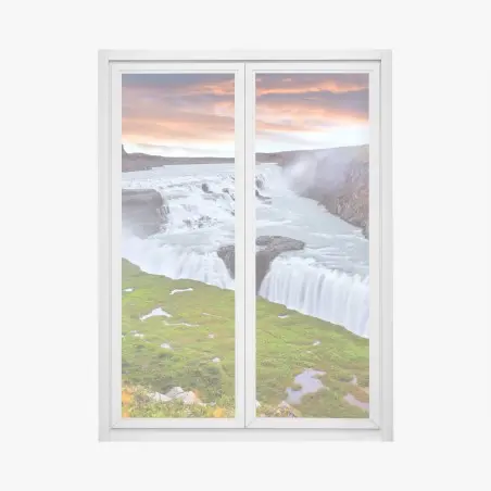 Adesivo per finestra tramonto su Gullfoss, cascata d'Islanda • Wallissimo®