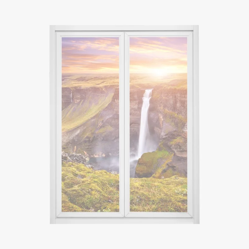 Adesivo per finestra tramonto su Haifoss, cascata maestosa dell'Islanda